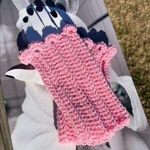 Pink Crocheted Fingerless Gloves with Silver Tinsel